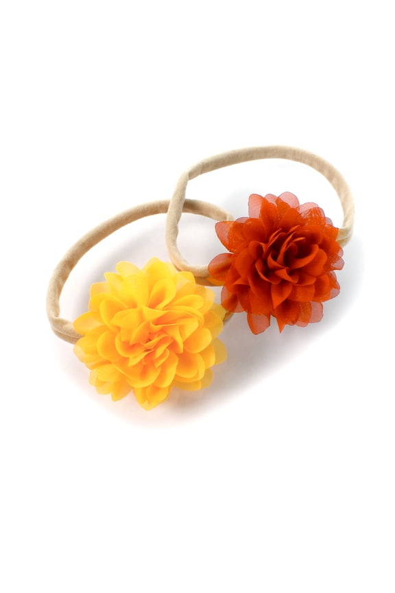 Baby Girl Rounded Petal Chiffon Flower Nylon Elastic Headbands Set 2pcs - Small - Yellow / Orange