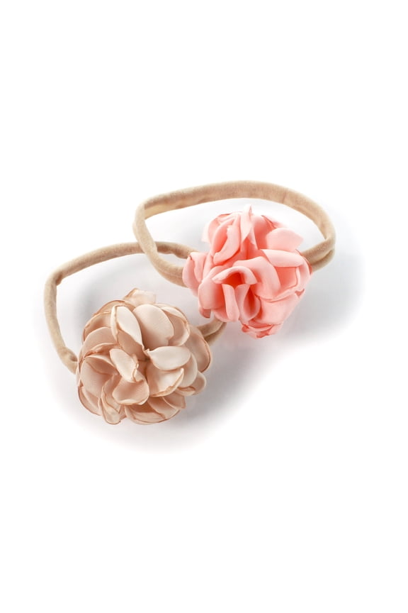 Baby Girl Ruffle Singed Rose Nylon Elastic Headbands Set 2pcs - Small - Blush Pink - Champagne