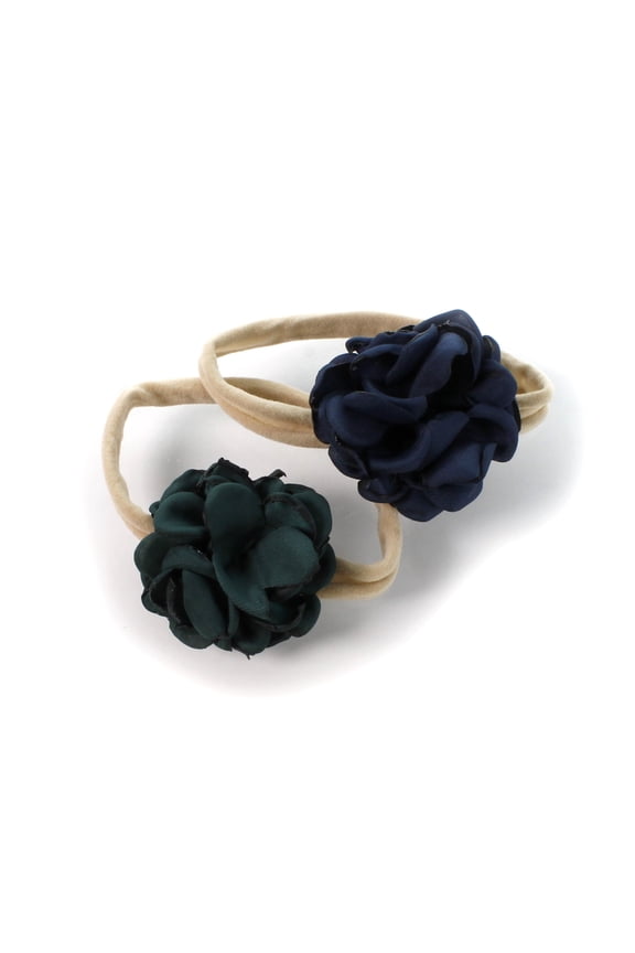 Baby Girl Ruffle Singed Rose Nylon Elastic Headbands Set 2pcs - Small - Hunter Green - Navy Blue