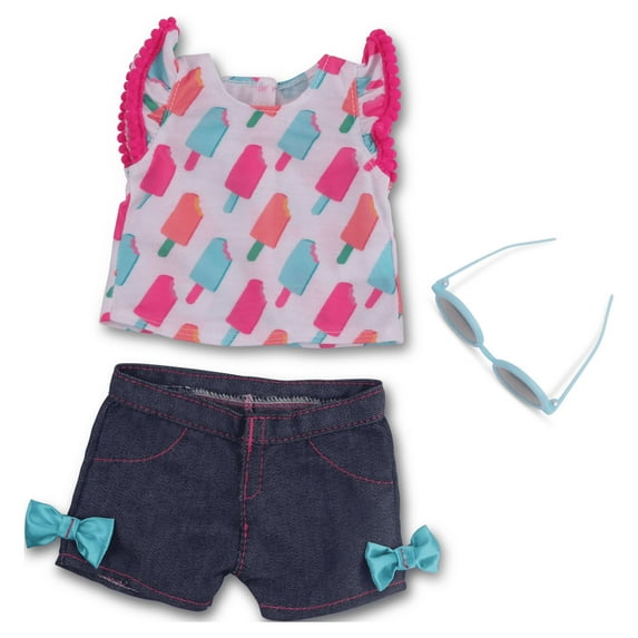 My Life As 18" Doll 2 Pack Fashion Bundle featuring Romper with Chiffon Skirt & Popsicle Shirt & Jean Shorts for 18" Dolls. 6 Pieces.