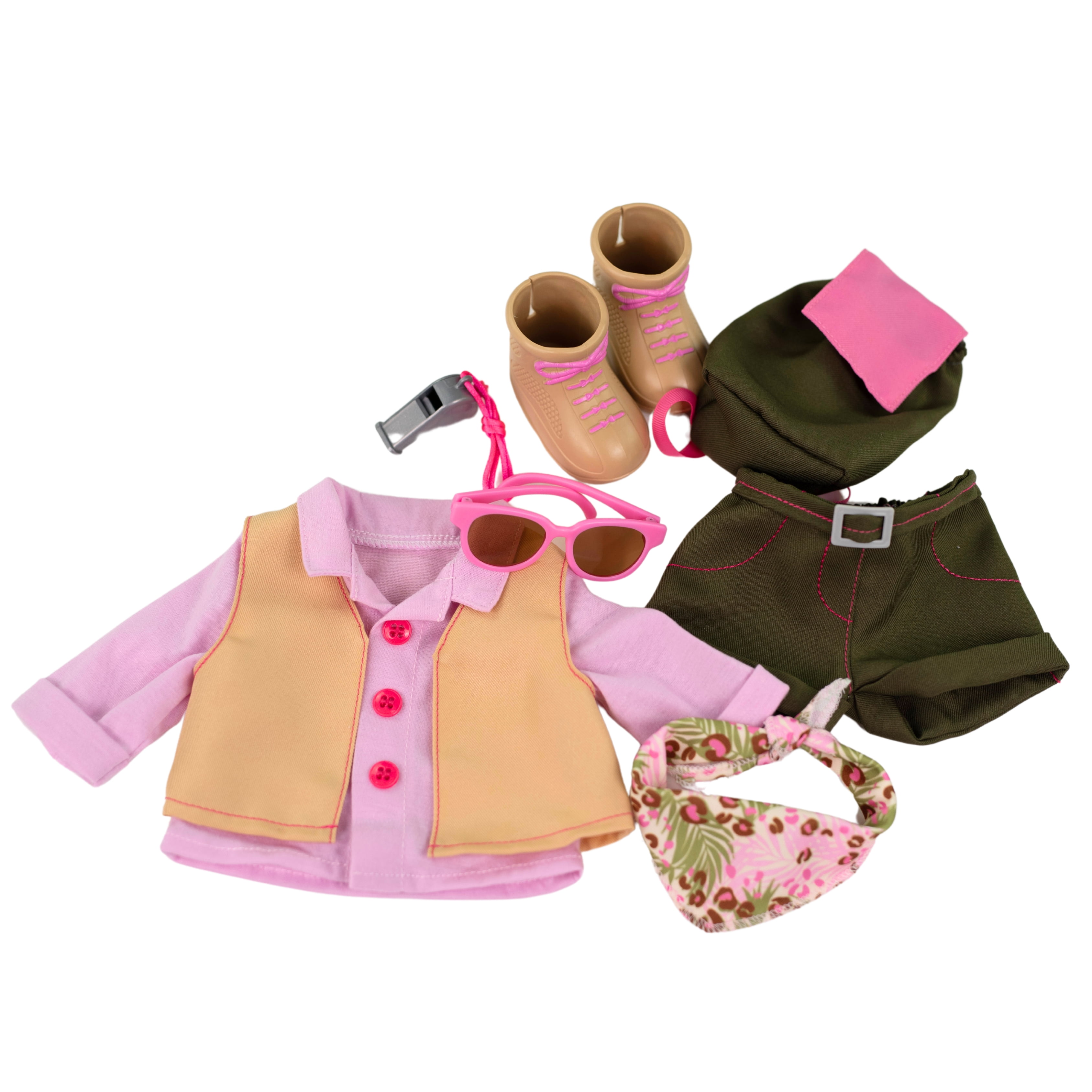 My Life As Camping Fashion Set for 18-inch Doll, 9 Pieces; Pink, Khaki, Olive Green Multicolor