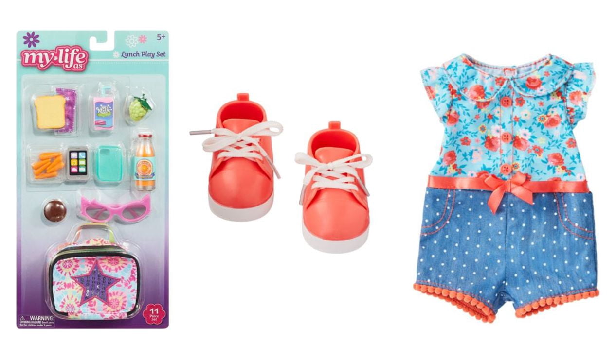 My Life As Doll Fashion, Shoes, and Accessory Bundle, Includes Pom Pom Romper, Coral Lifter Sneakers and Lunch Playset for 18" Dolls, 13 Pieces