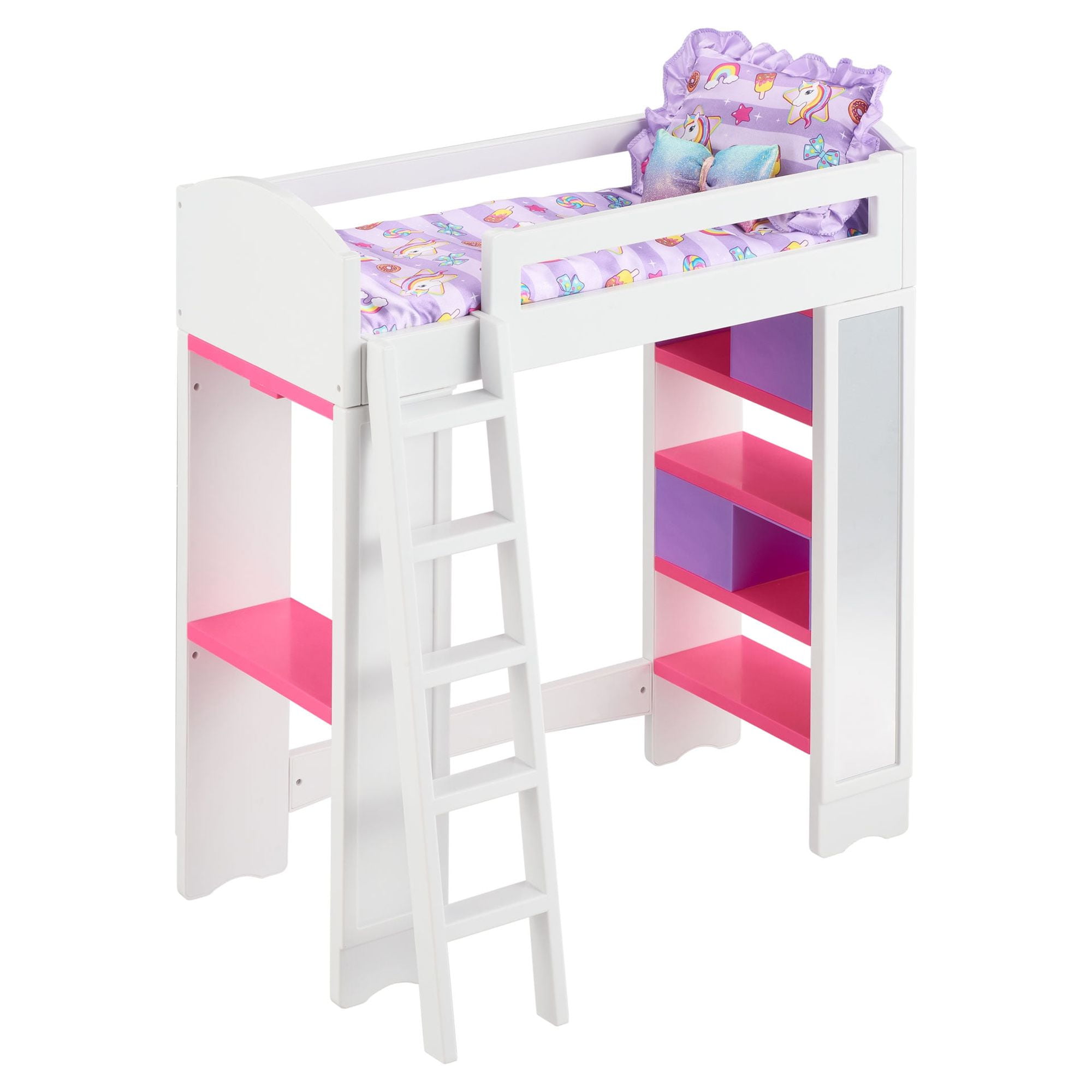Doll Loft Bed Set with Hot Pink & Green Apple Linens ドール 人形 フィギュア Aukfa Full Size Loft Bed with Slide - Princess Castle Bed with