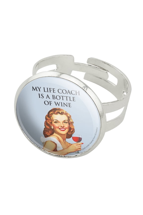 My Life Coach is a Bottle of Wine Funny Humor Silver Plated Adjustable Novelty Ring