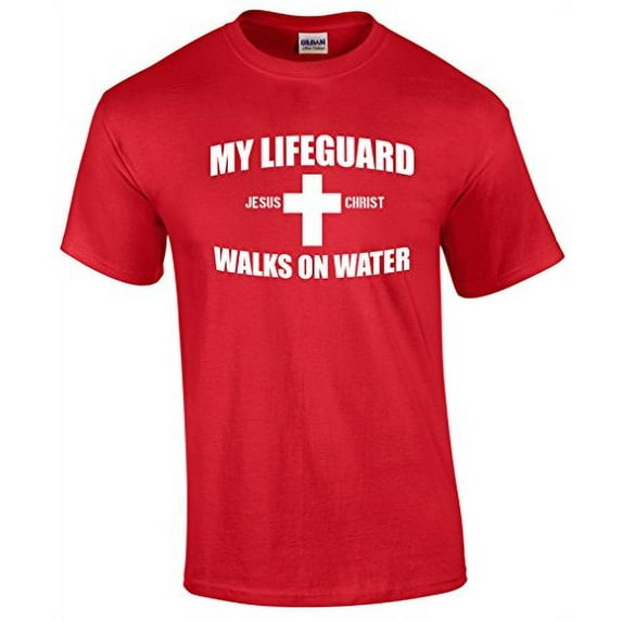 My Lifeguard Walks On Water Christian Short Sleeve T-shirt-Red-Medium