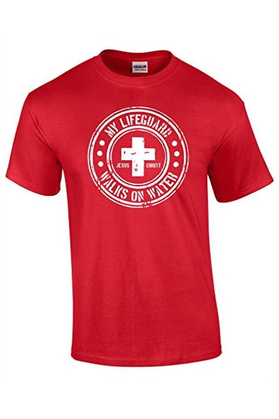 My Lifeguard Walks On Water Circle Design Christian Tee-Red-XXL