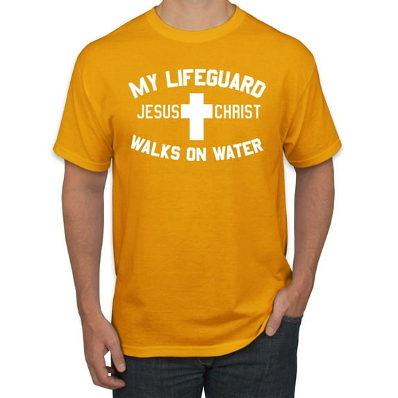 My Lifeguard Walks on Water Jesus Christ Bible | Mens Inspirational/Christian Graphic T-Shirt, Gold, Small