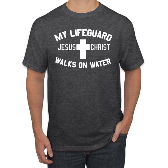 My Lifeguard Walks on Water Jesus Christ Bible | Mens Inspirational/Christian Graphic T-Shirt, Heather Black, Medium