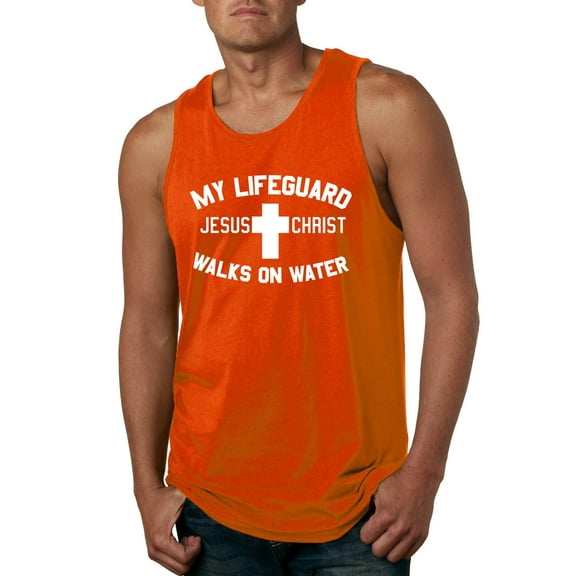 My Lifeguard Walks on Water Jesus Christ Bible | Mens Inspirational/Christian Graphic Tank Top, Orange, Small