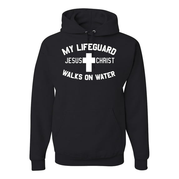 My Lifeguard Walks on Water Jesus Christ Bible | Mens Inspirational/Christian Hooded Sweatshirt Graphic Hoodie, Black, Large