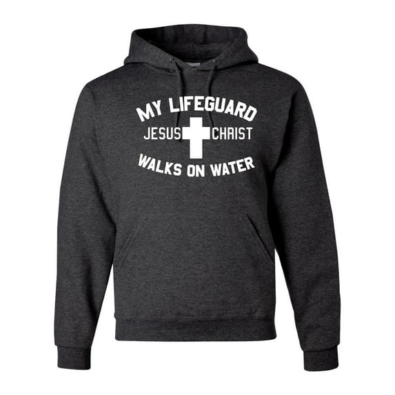 My Lifeguard Walks on Water Jesus Christ Bible | Mens Inspirational/Christian Hooded Sweatshirt Graphic Hoodie, Heather Black, 2XL