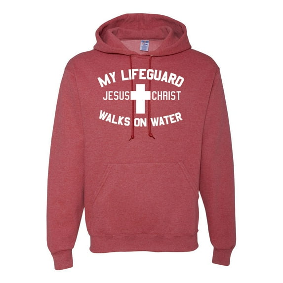 My Lifeguard Walks on Water Jesus Christ Bible | Mens Inspirational/Christian Hooded Sweatshirt Graphic Hoodie, Vintage Heather Red, Large