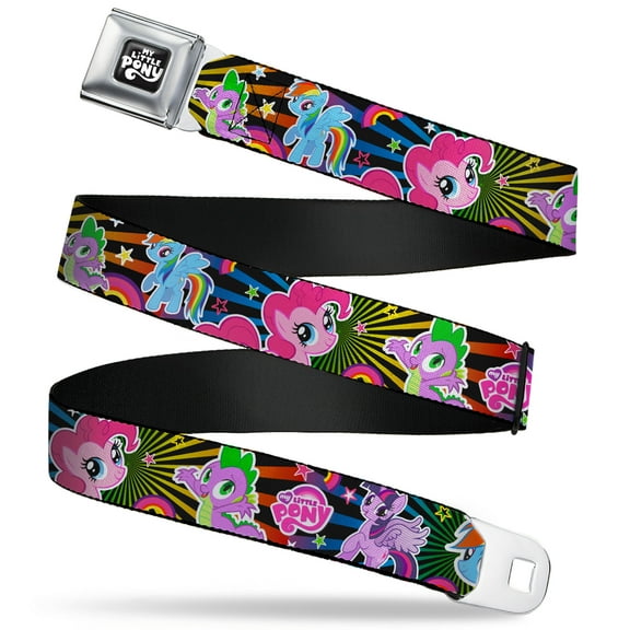 My Little Pony Belt, Seatbelt Buckle Belt, My Little Pony Ponies and Spike Poses Rays Black Multi Color, 30 to 44 Inches