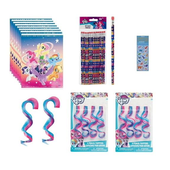 My Little Pony Birthday Party Favors Supplies Bundle includes 8 Loot Bags, 12 Pencils, 8 Pencil Toppers, 1 Dinosaur Sticker Sheet