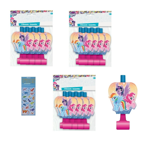 My Little Pony Birthday Party Supplies Bundle includes 24 Party Blowouts and 1 Dinosaur Sticker Sheet