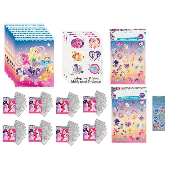 My Little Pony Birthday Party Supplies Bundle includes 8 Loot Bags, 8 Sticker Sheets, 8 Small Activity Pads 2 1/2" x 3 1/2", 24 Tattoos, 1 Dinosaur Sticker Sheet