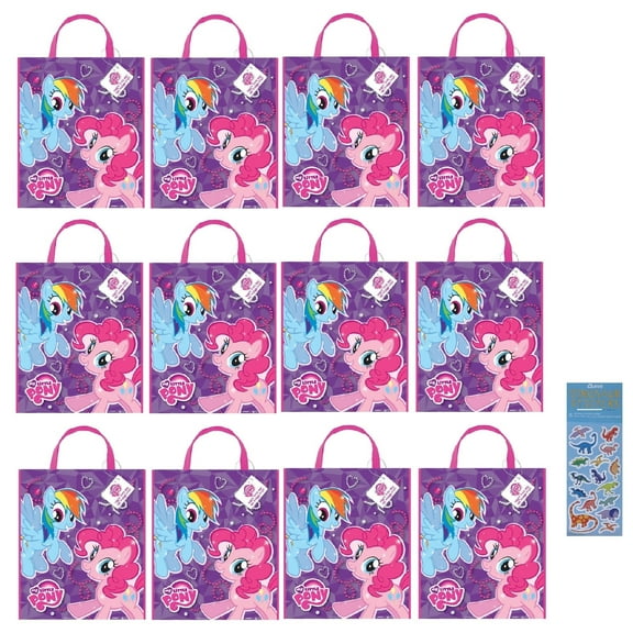 My Little Pony Birthday Party Supplies Favors Bundle includes 12 Plastic Favor Tote Bags and 1 Dinosaur Sticker Sheet