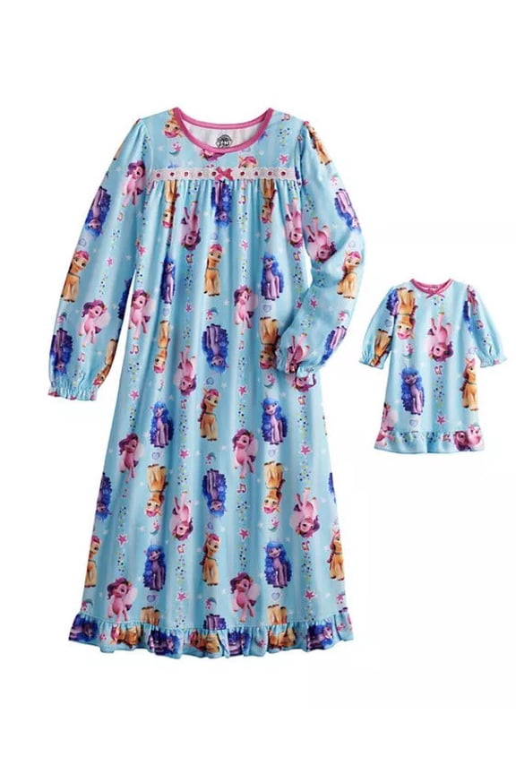 Blue Print Character Nightgown with Doll Gown, Size 4