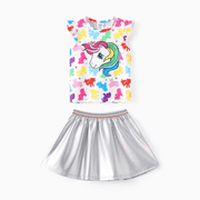 MY LITTLE PONY Girls Flutter Sleeve Tutu Dresses 2pieces Summer Outfit Set Silver Sizes 2-9