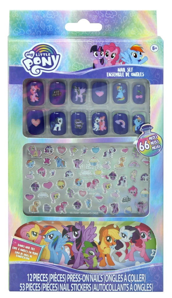 My Little Pony Girls Press On Nail Set - My Little Pony Pretend Fake Nails for Kids Featuring Rainbow Dash, Pinkie Pie, Twilight Sparkle, Perfect Press On Nails and Stickers for Makeover - 66 Pieces