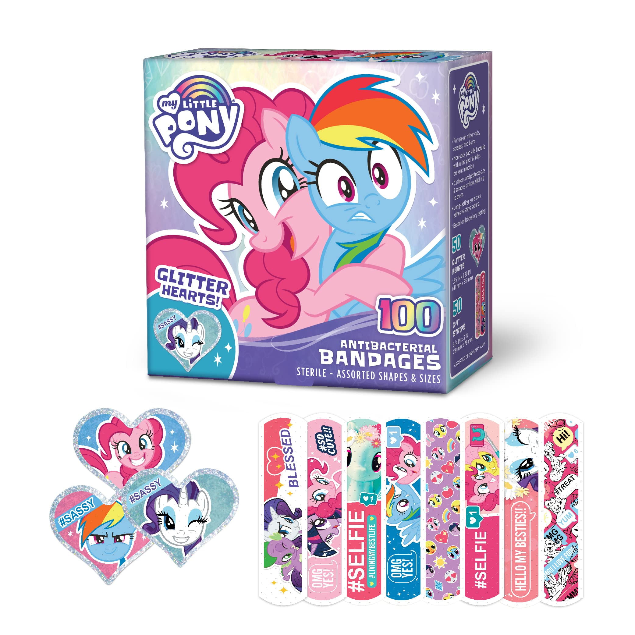 My Little Pony Kids Glitter Bandages - 100 ct Assorted Shapes and Sizes ...