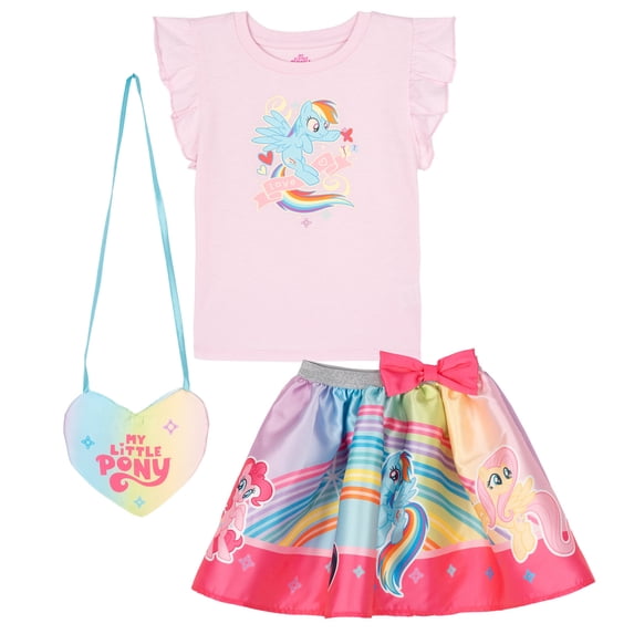 My Little Pony Rainbow Dash Fluttershy Pinkie Pie Tank Top, Satin Skirt and Bag 3 Piece Outfit Set Toddler to Big Kid