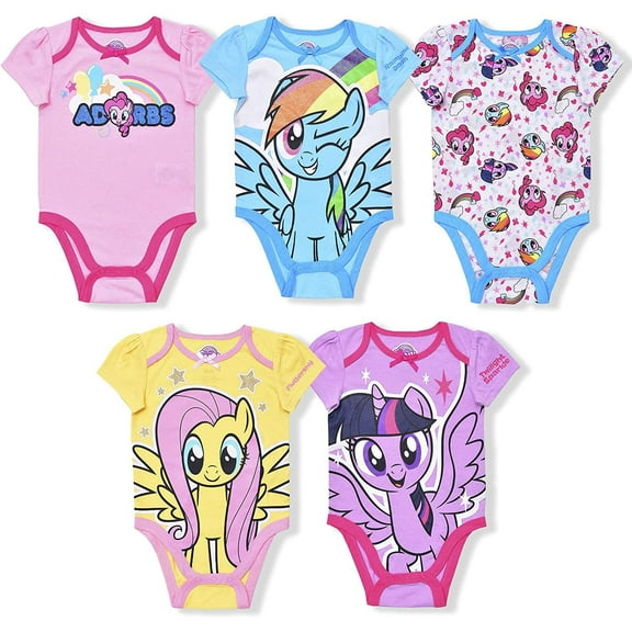 My Little Pony Rainbow Dash, Fluttershy and Twilight Sparkle Girls 5 Pack Mix of Character and Roleplay Onesies, Infant