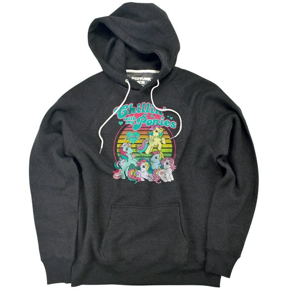 My Little Pony Retro Chillin With My Ponies Unisex Adult Slim Fit Pull-Over Heather Hoodie, Charcoal, Medium