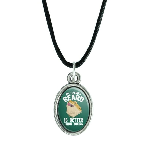 My Lizard's Beard is Better than Yours Bearded Dragon Antiqued Oval Charm Pendant with Black Satin Cord