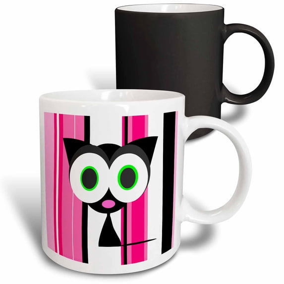 3drose, My Lucky Black Cat Pink Stripes Design, 11oz Magic Transforming Mug