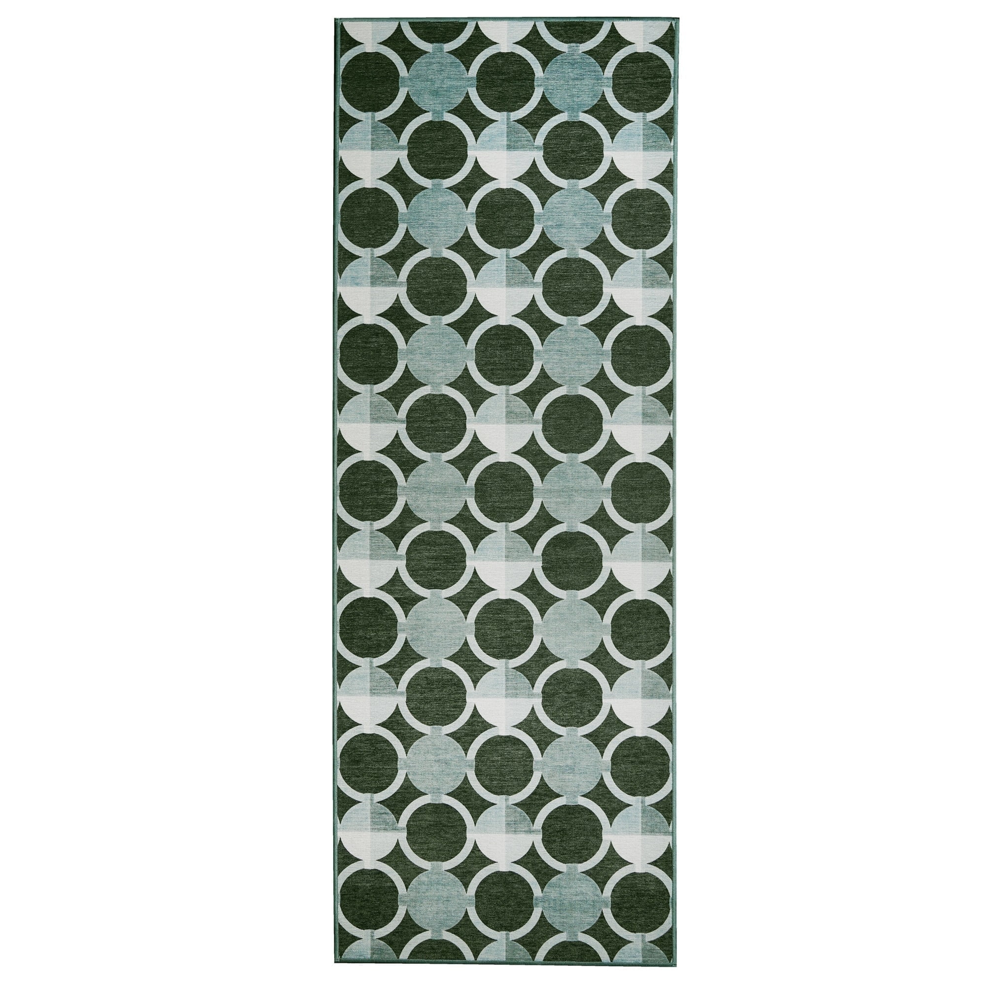 Dark Sage Green Geometric Washable Runner Rug