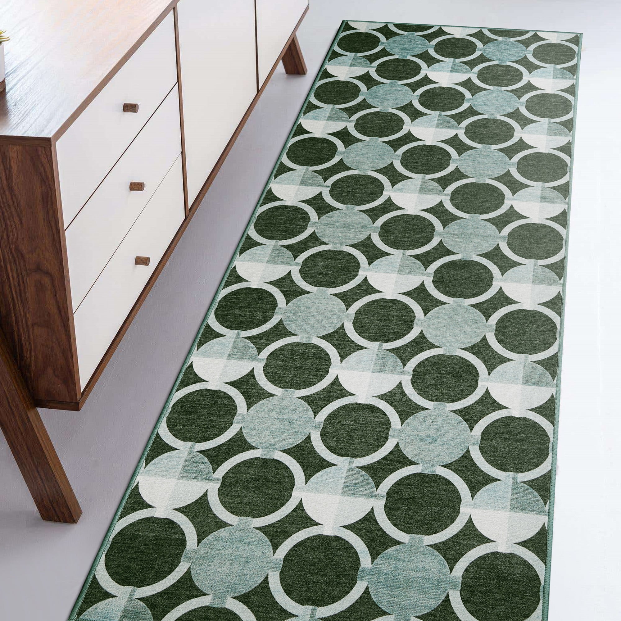 Dark Sage Green Geometric Washable Runner Rug