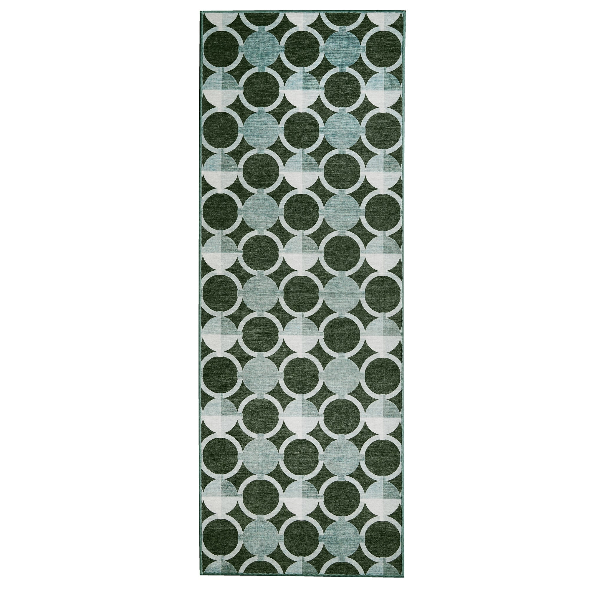 Dark Sage Green Geometric Washable Runner Rug