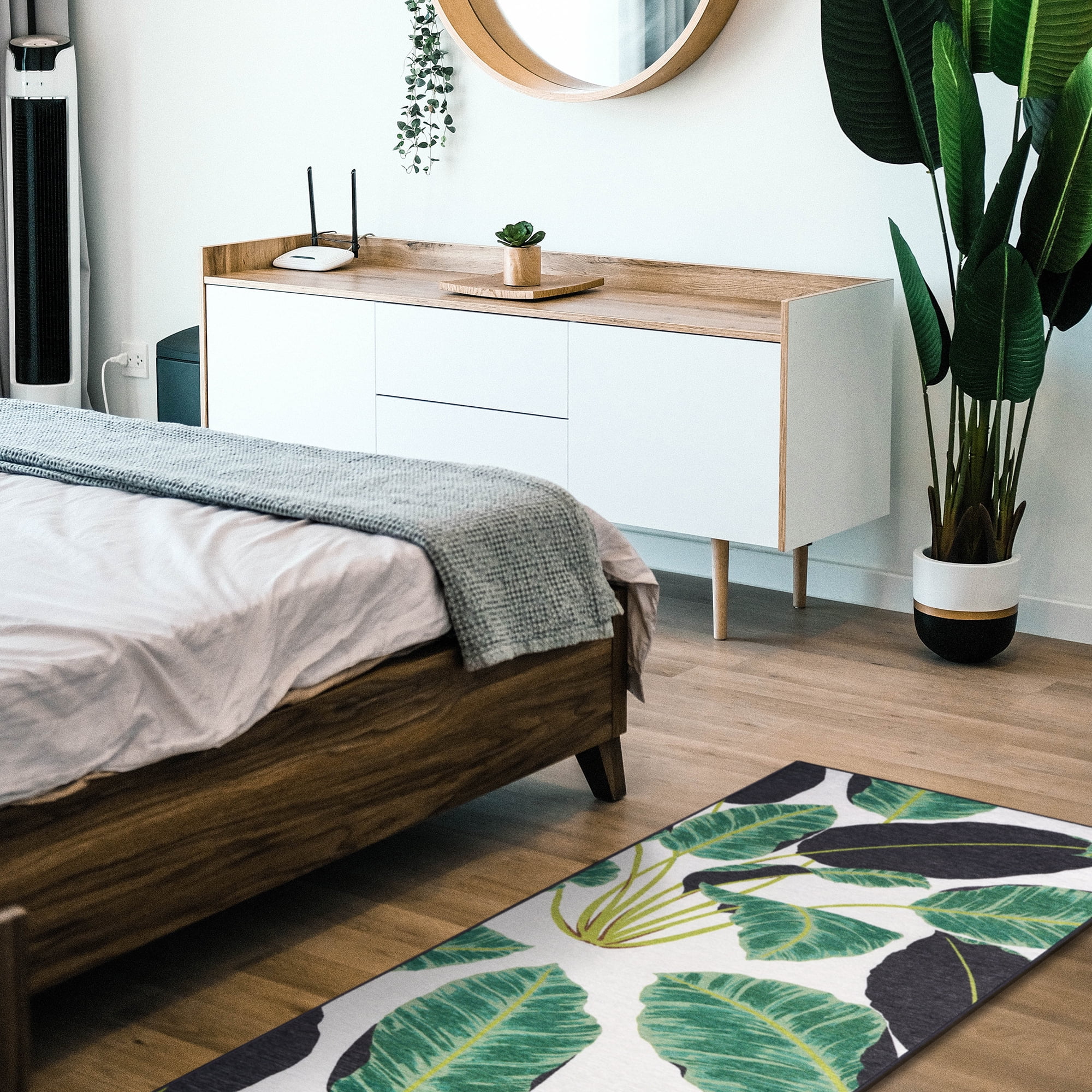 Emerald Green and White Floral Synthetic Washable Runner Rug