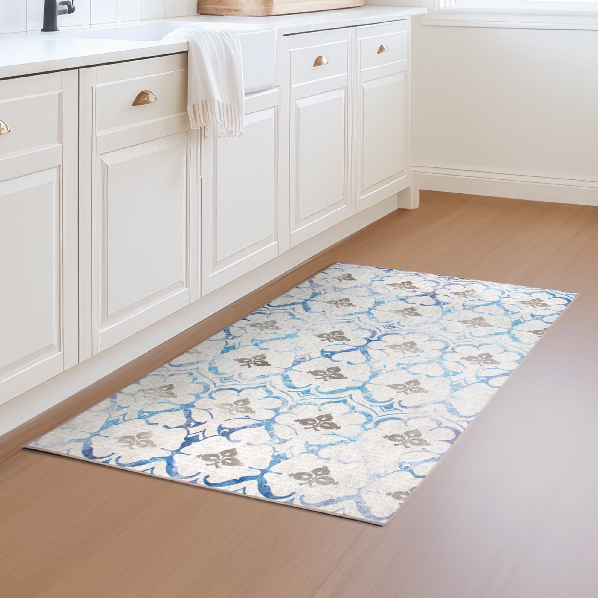 Beige Blue 5' x 7' Flat Woven Synthetic Rug