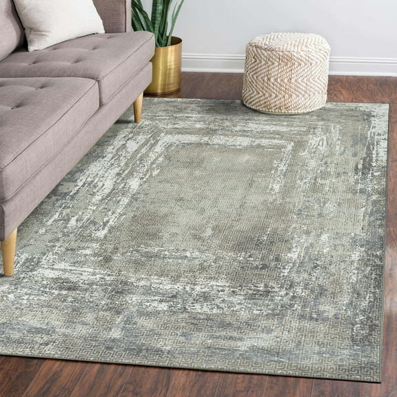 My Magic Carpet 5'x7' Machine Washable Rug for Dining Living Room - Amaya Bordered Abstract Greige