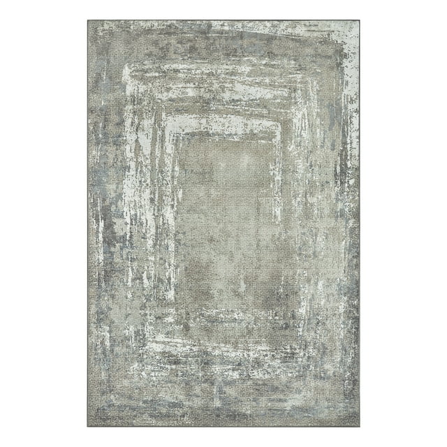 My Magic Carpet Machine Washable Amaya Bordered Abstract Greige 6x9 Area Rug - Non-Slip Indoor Rugs for Living Room, Bedroom