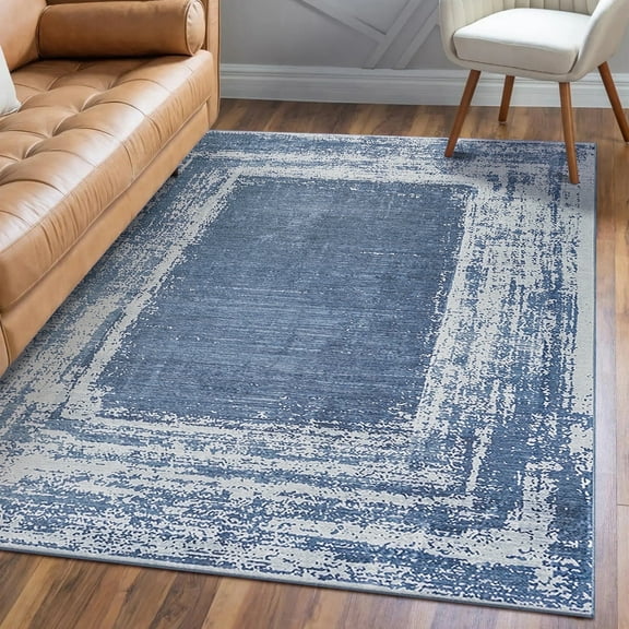 My Magic Carpet 5x7' Machine Washable Non-Slip Dining Living Room Rug, Amaya Bordered Abstract Navy