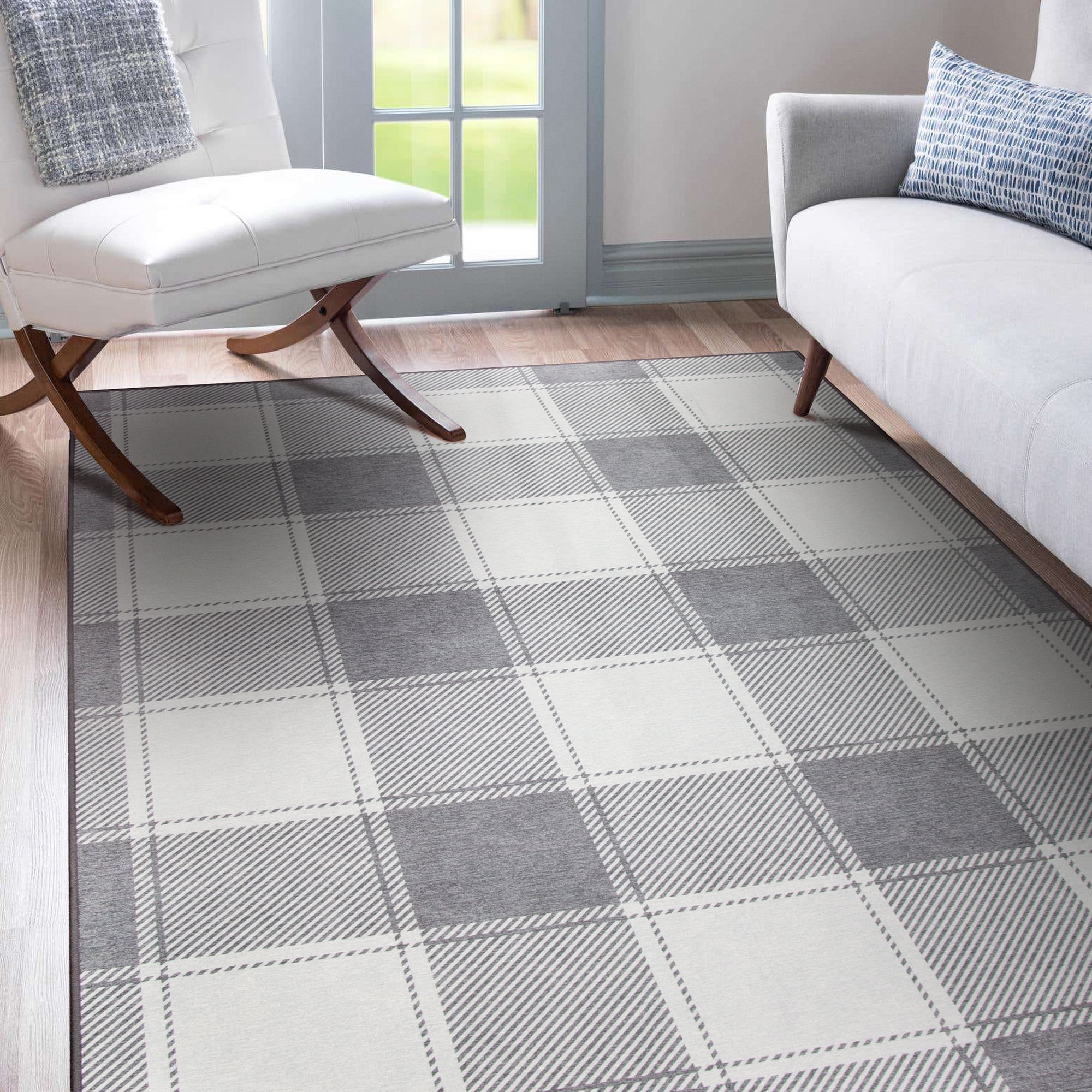 Buffalo Plaid Grey and White 5'x7' Synthetic Washable Rug