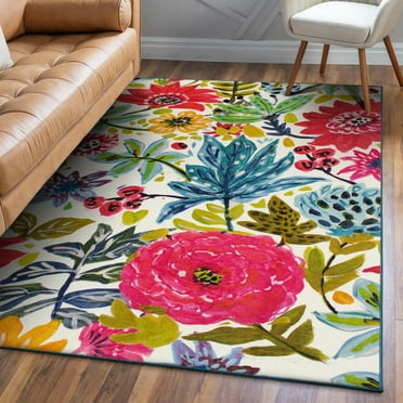 My Magic Carpet Machine Washable Floral Bloom Multicolor 5x7 Area Rug - Non-Slip Indoor Rugs for Living Room, Bedroom