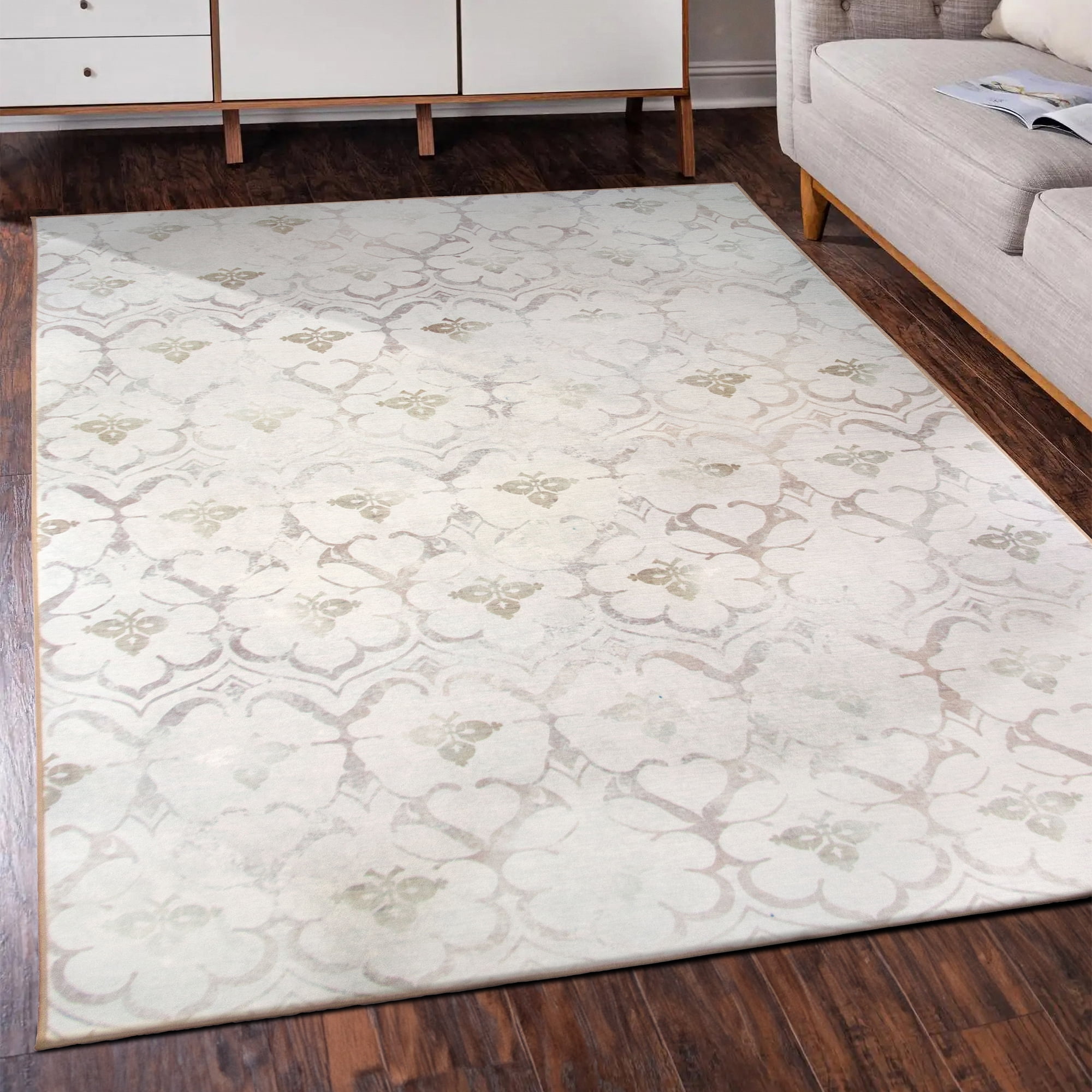 Ivory Flat Woven Synthetic Washable 5' x 7' Rug