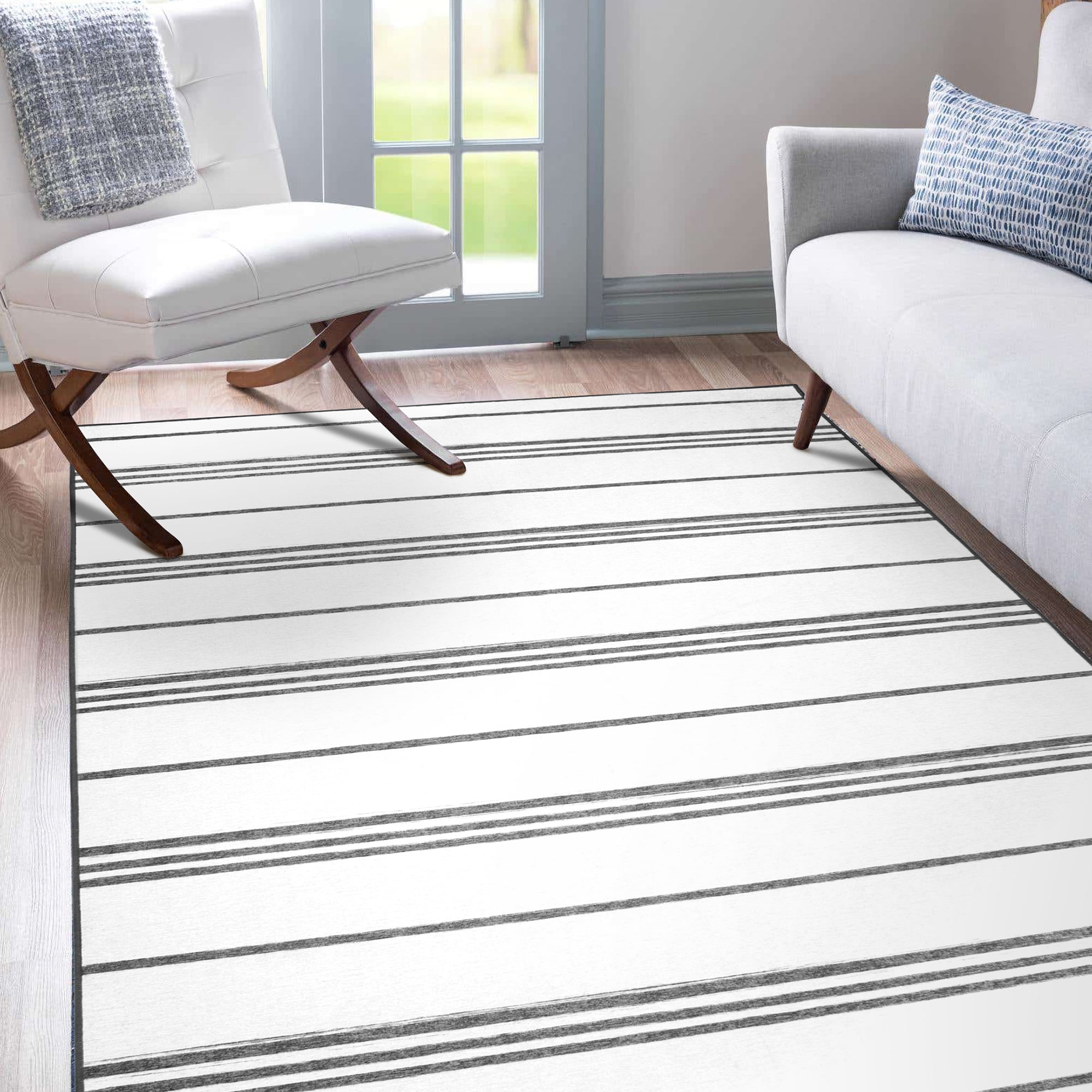 Coastal Charm Grey and White Stripe 5' x 7' Washable Rug