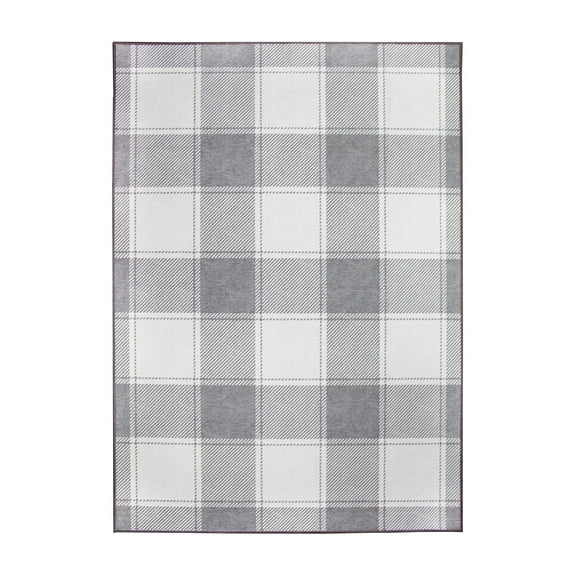 My Magic Carpet 5x7' Machine Washable Non-Slip Dining Living Room Rug, Buffalo Plaid Grey And White