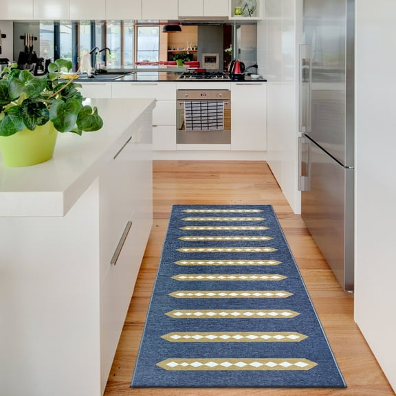 My Magic Carpet 2.5'x7' Machine Washable Non-Slip Kitchen Hallway Rug - Dash And Dot Indigo Camel