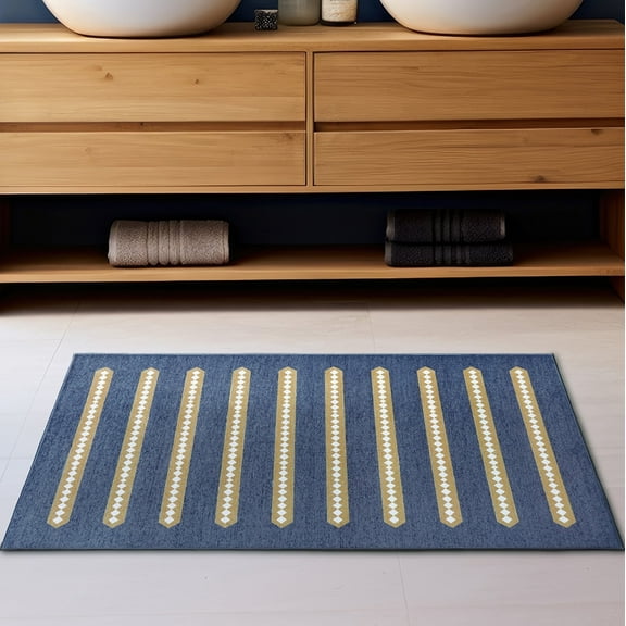 My Magic Carpet 3x5' Machine Washable Non-Slip Kitchen Entryway Area Rug, Dash And Dot Indigo Camel