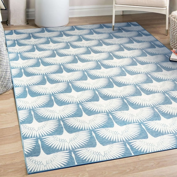 My Magic Carpet 5'x7' Machine Washable Non-Slip Dining Living Room Area Rug, Bird Flock Colfax Blue