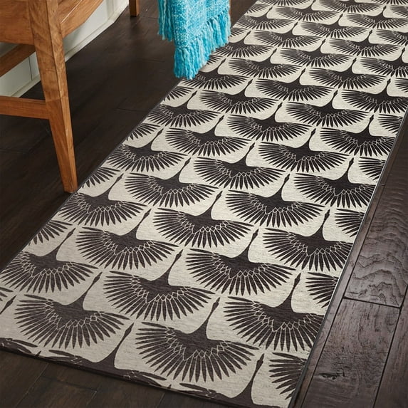 My Magic Carpet 2.5x7 Machine Washable Non-Slip Kitchen Hallway Runner Rug, Bird Flock Kettle Black