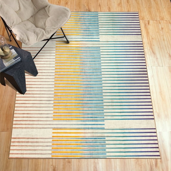 My Magic Carpet 5x7' Machine Washable Non-Slip Dining Living Room Area Rug, Flux Striped Multicolor