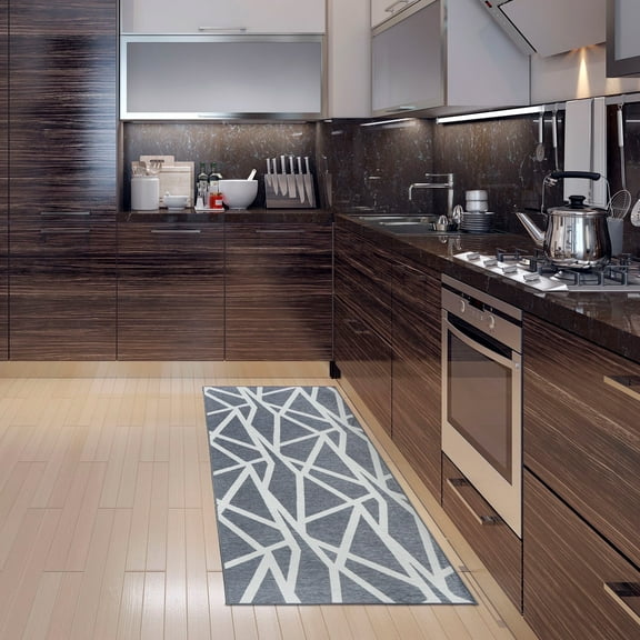 My Magic Carpet 2.5'x7' Machine Washable Non-Slip Kitchen Hallway Rug - Intersections Slate Grey