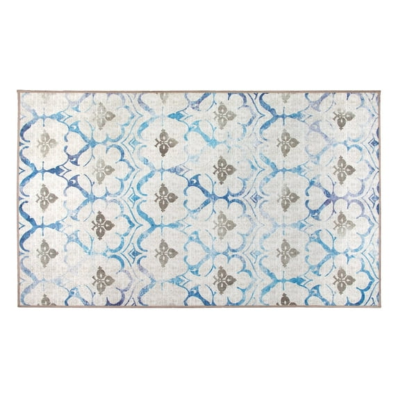 My Magic Carpet 3x5' Machine Washable Non-Slip Kitchen Entryway Area Rug, Leilani Damask Beige Blue